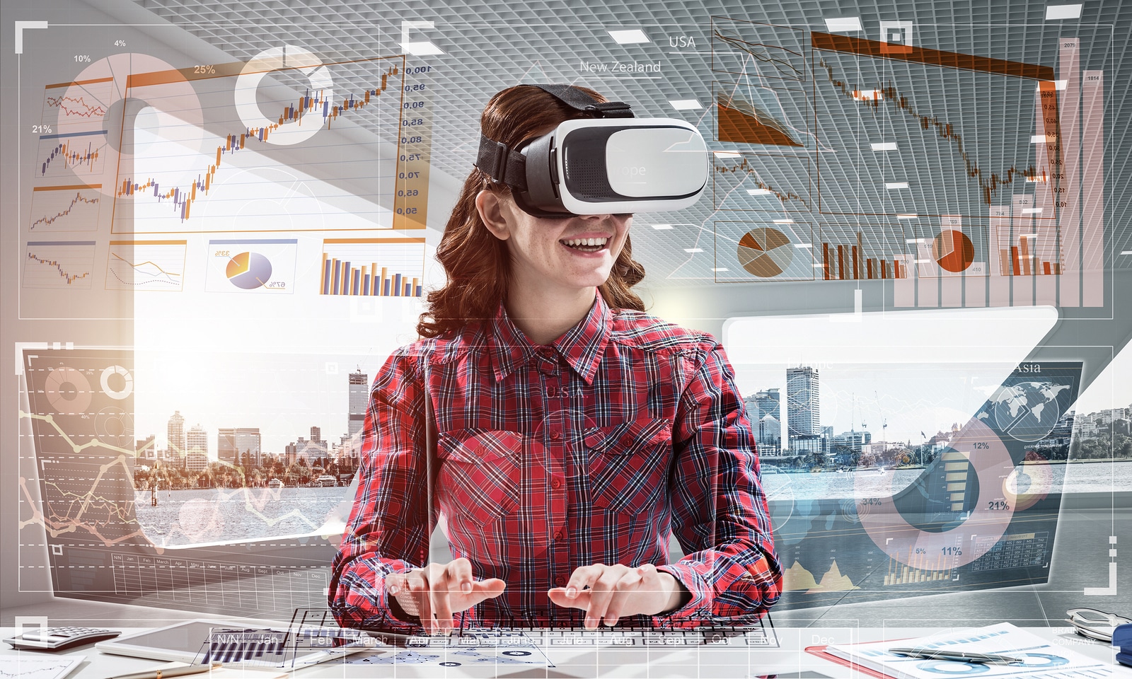 Portrait Of Beautiful And Young Woman In Red Checkered Shirt Using Vr Goggles And Interracting With